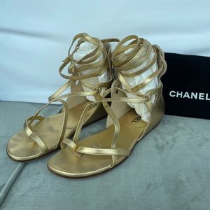 Chanel Gold Leather Lace Up Gladiator Sandals